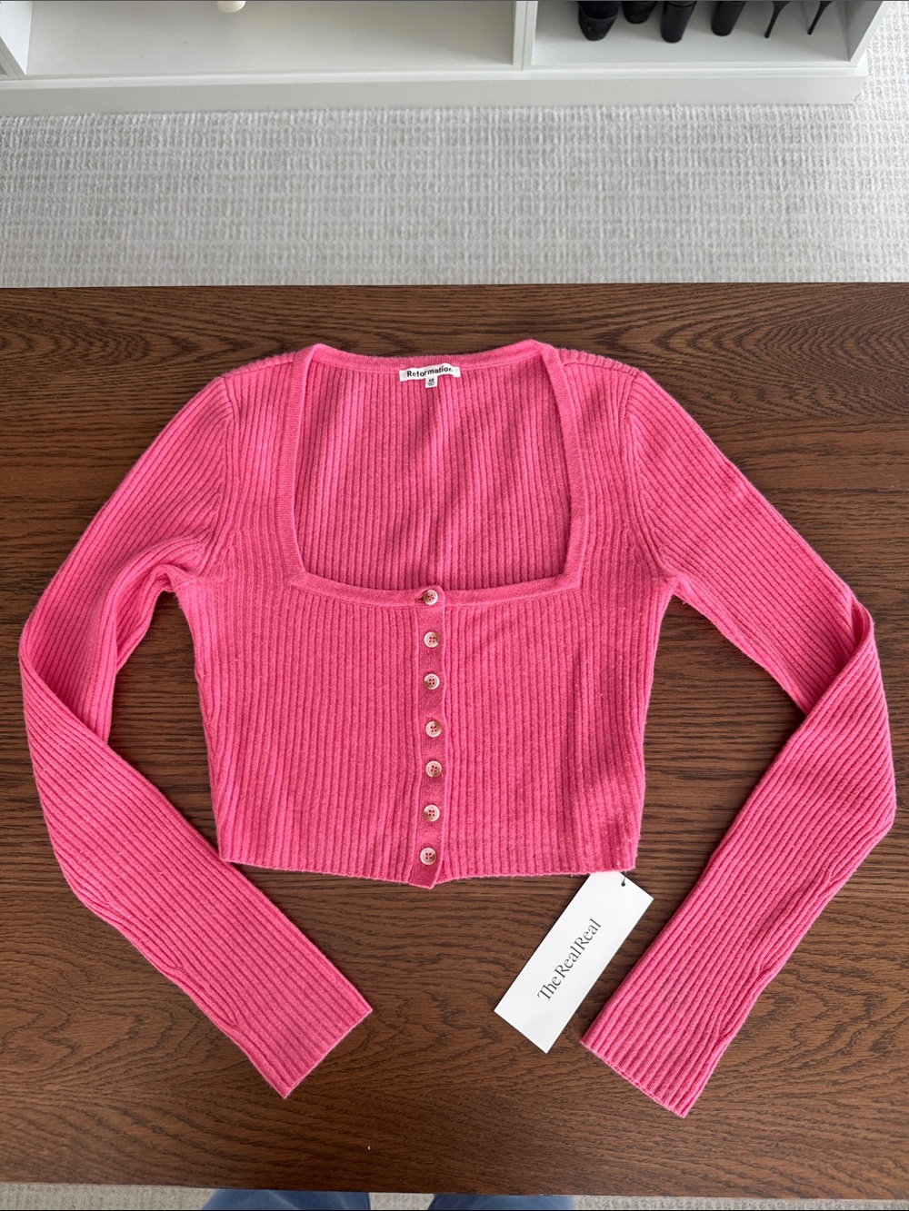 Reformation Hot Pink Ribbed Square-Neck Button Cardigan